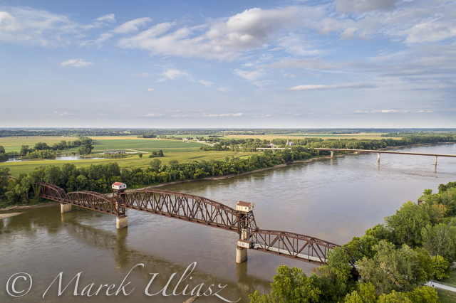 Historic railroad Katy Bridge over Missouri River at Boonville with a lifted midsection and visitor observation deck  - aerial view