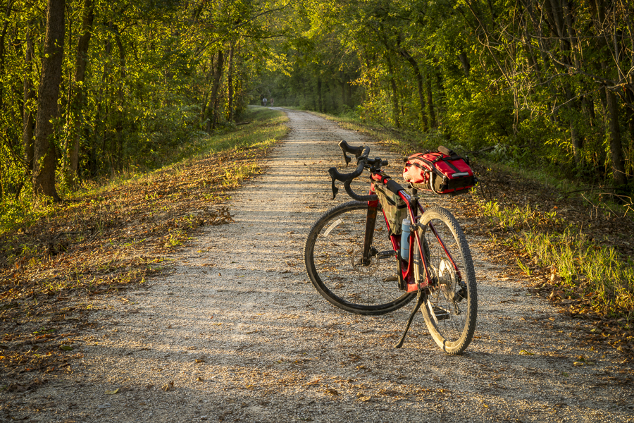 gravel touring bike on Katy Trail near Marthasville, Missouri, in fal scenery