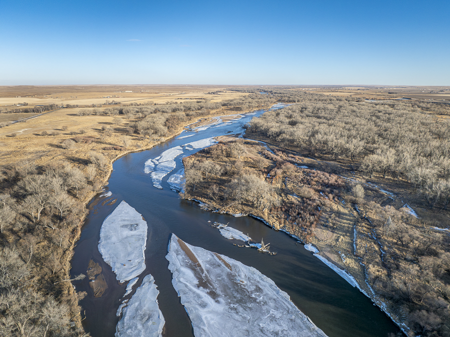 aerial view of the South Platte RIver and plains in eastern Colorado in winter scenery