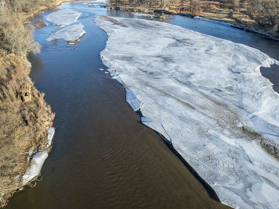 aerial view of the South Platte RIver and plains in eastern Colorado in winter scenery