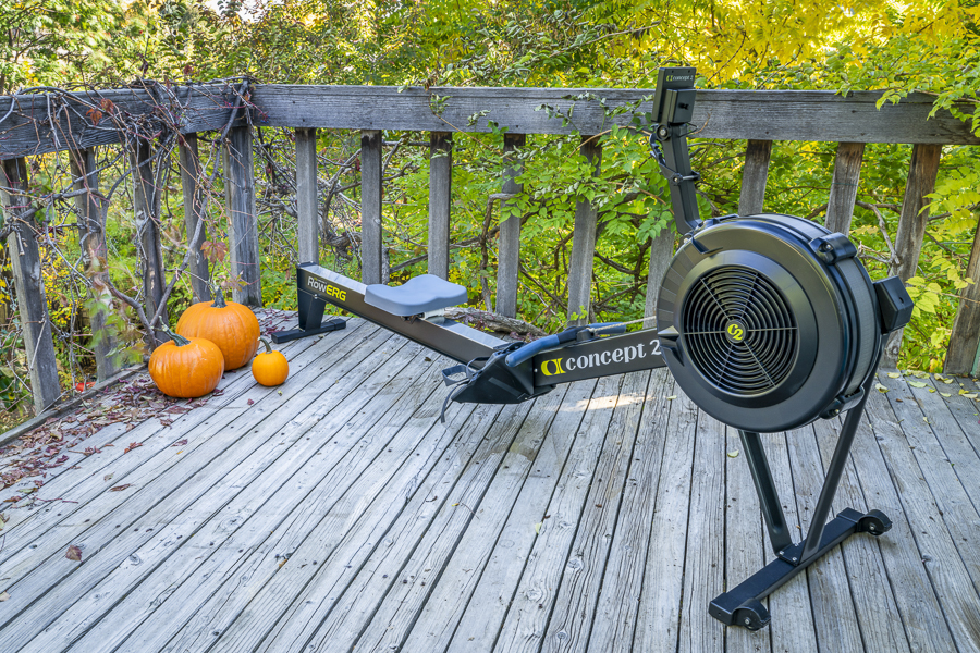 Concept 2 RowErg Rover with PM5 monitor, rowing machine, on a backyard deck.